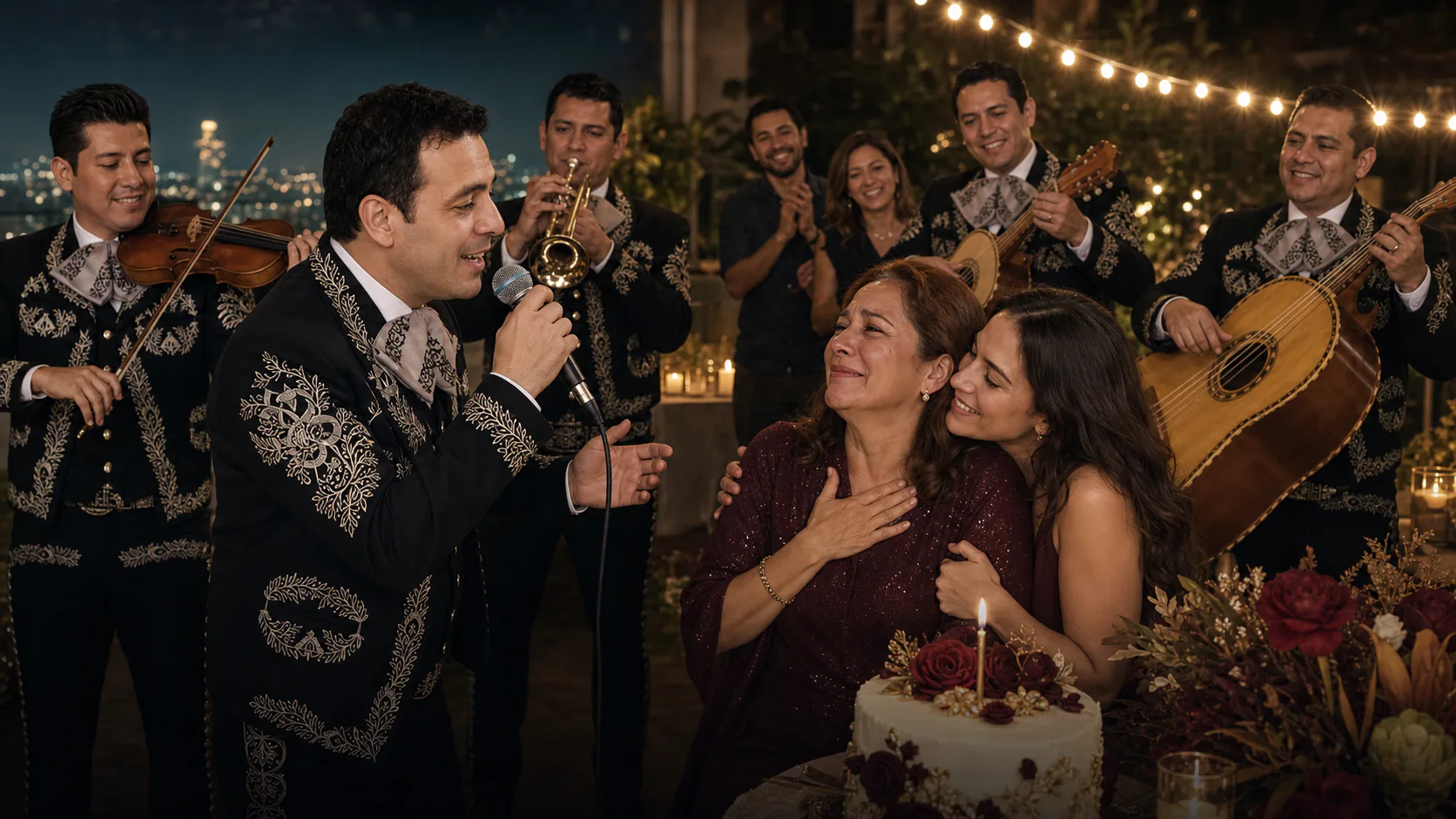 Abrazo familiar de cumpleaños con cinco músicos de mariachi