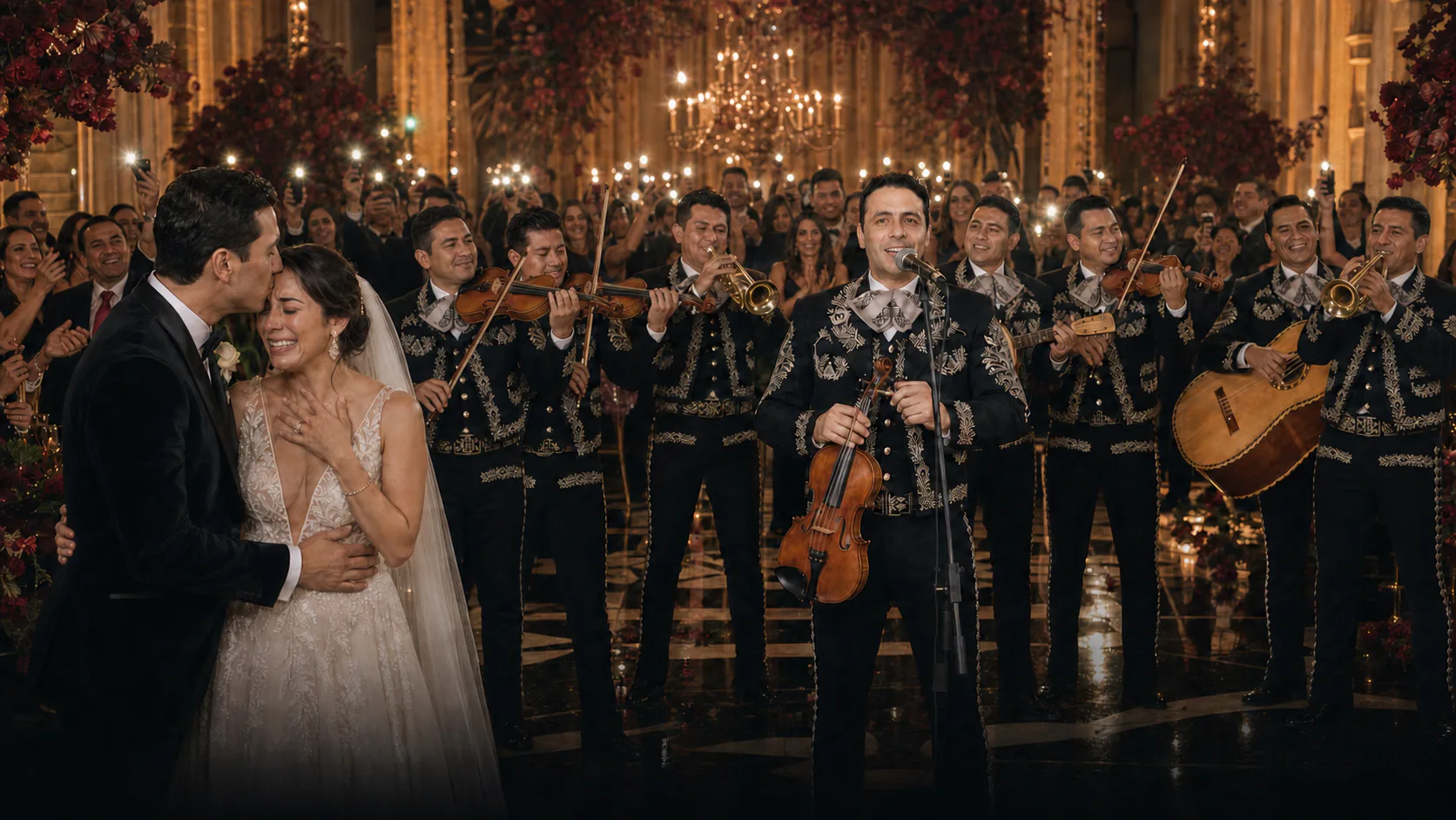 Boda emocionante con ocho músicos de mariachi y público celebrando