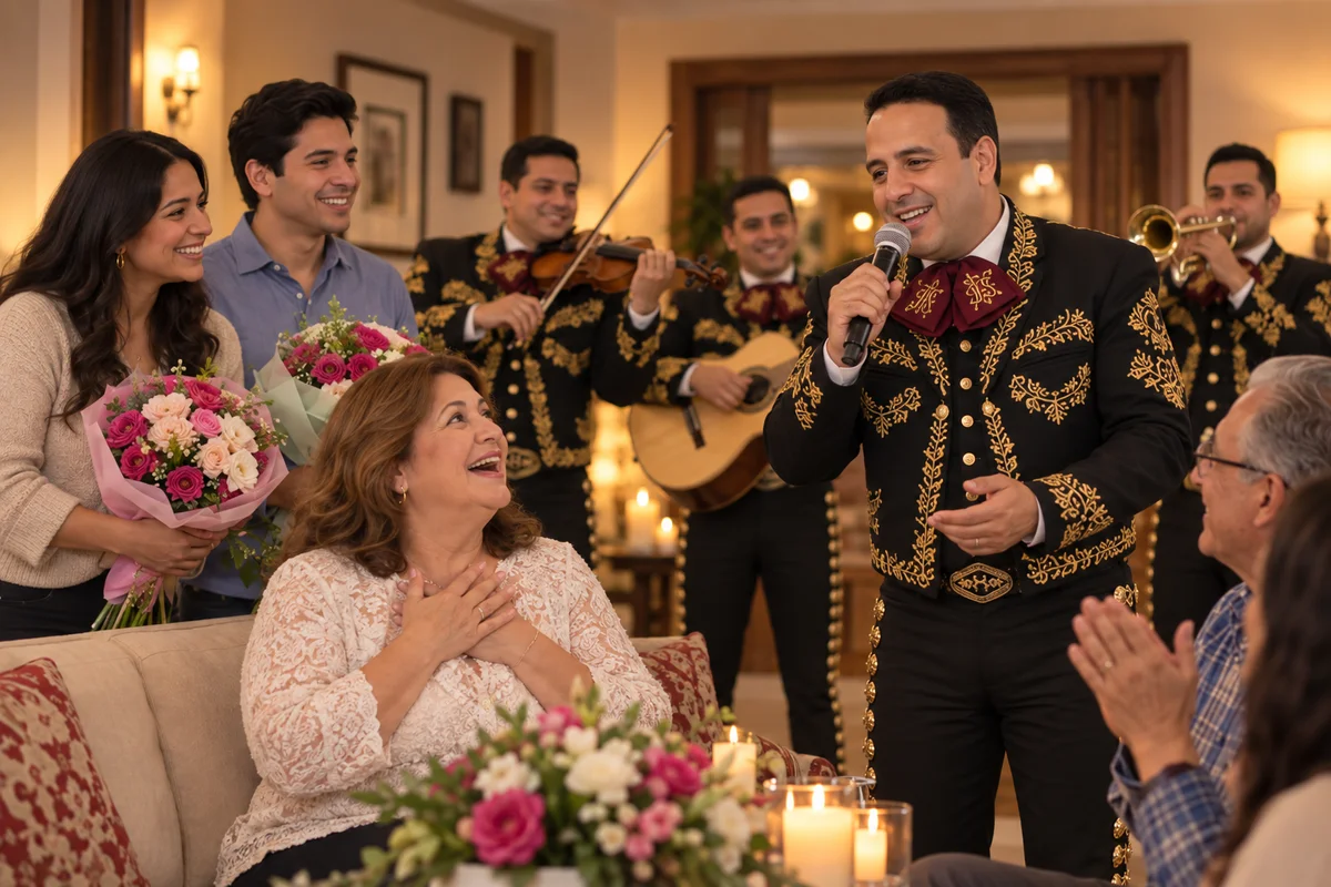 Escena ilustrativa de Alain cantando para una mamá junto a su familia y tres músicos